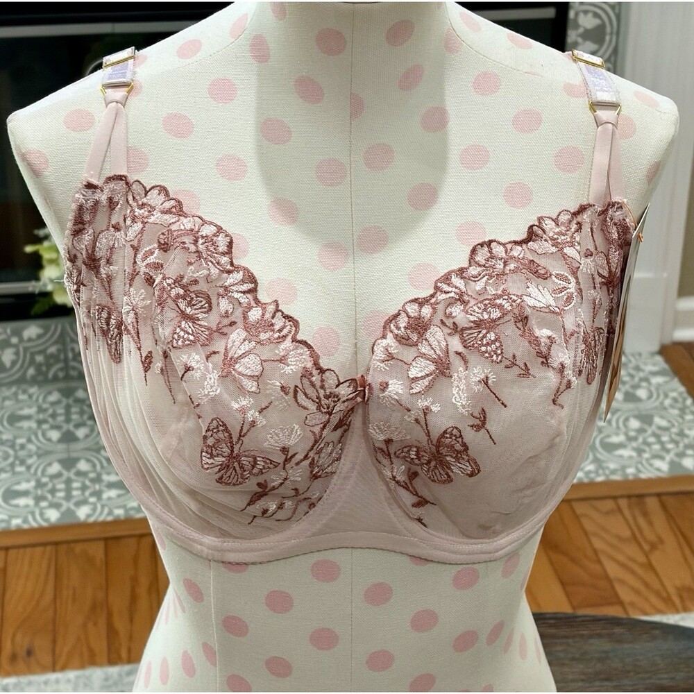 JOYSPUN Embroidered Butterfly Floral Balconette Pink Underwire Bra - 38DDD - NWT